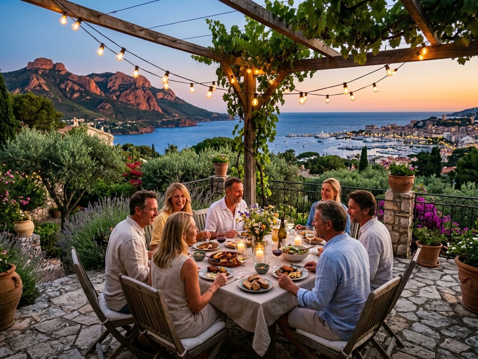 Dîner champêtre dans un jardin avec guirlandes ginguette et vue sur l'estérel au loin et la baie de Cannes
