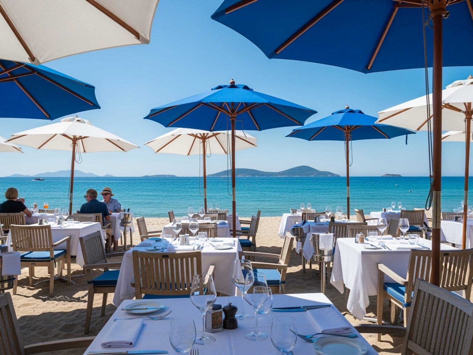 L'horizon se fond en une douce rencontre de mer saphir et ciel azur, révélant les contours gracieux des îles Lérins. Au-devant, un charmant restaurant de plage s'anime de promesses culinaires. Sur le sable ivoire, les tables reposent en harmonie sous des parasols vifs, bercées par la musique subtile de l'océan. L'air, chargé d'une brise salée et des fragrances délicates de mets exquis, emplit l'espace de sérénité. Les verres, miroitant sous le soleil éclatant, ajoutent au lieu une élégance simple et magistrale.
