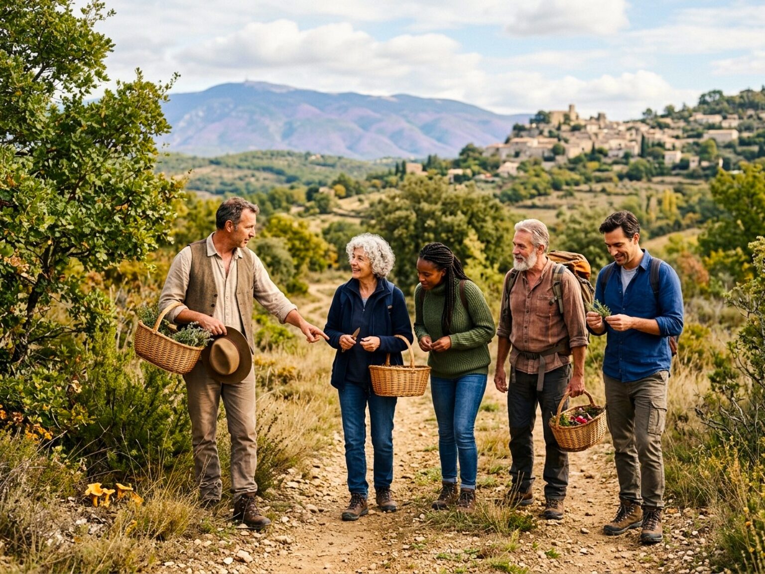 balades gourmandes et cueillette en Provence dans l'arrière-pays avec quelques personnes entre 30 et 70 ans