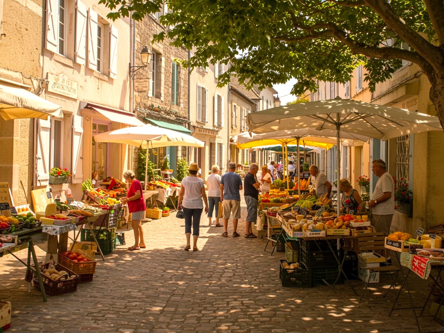 quiet french town on a summer's day with a market
