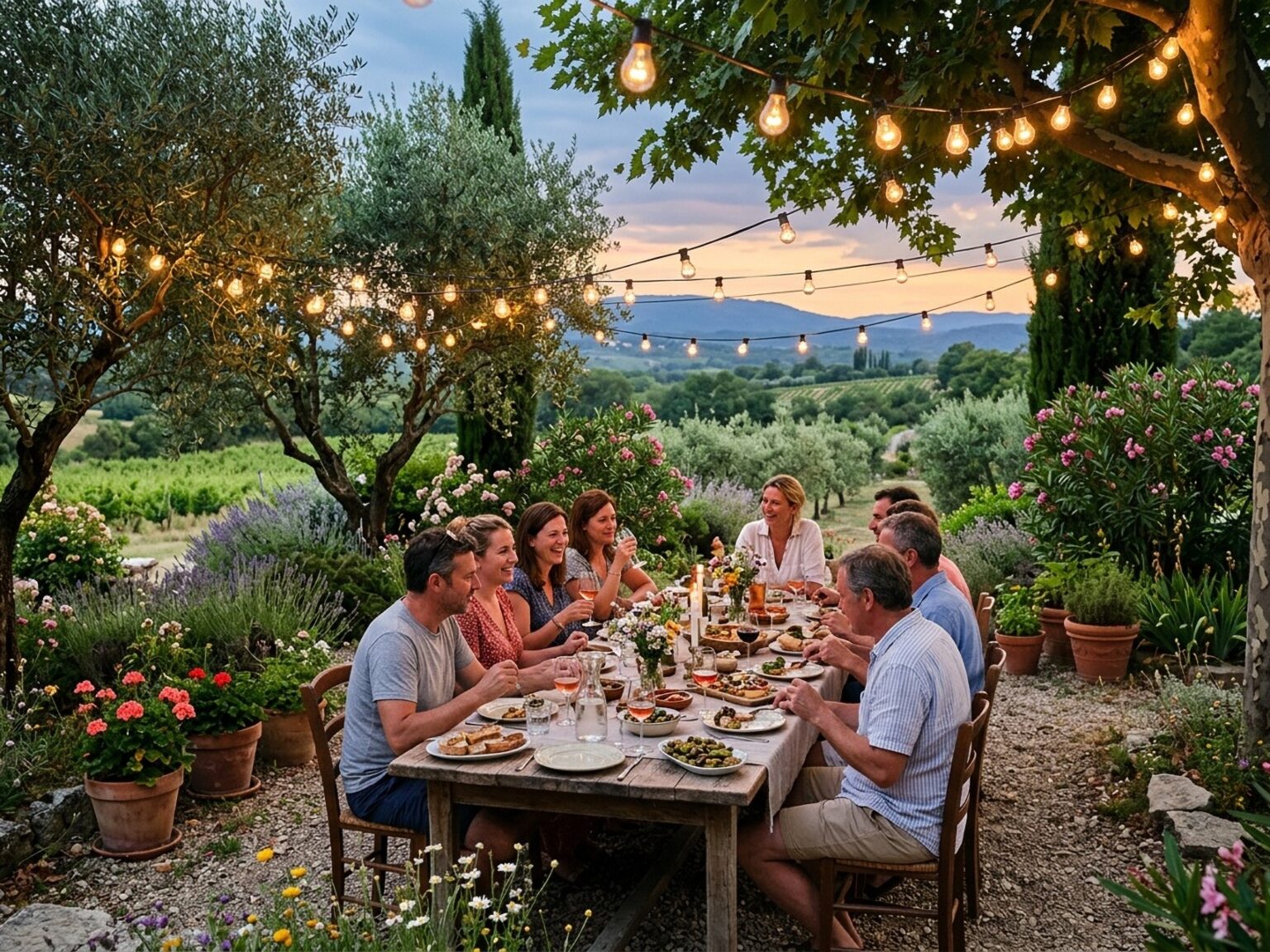 Dîner champêtre dans un jardin provençal avec guirlandes ginguette sans maison derrière