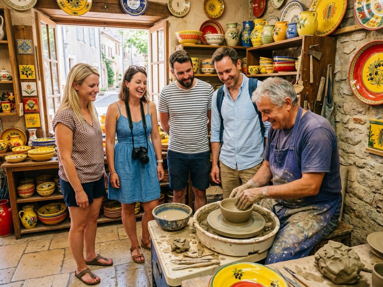 visite d'un atelier de poterie provençale, très coloré, avec l'artisan au travail et 4 ou 5 touristes entre 30 et 40 ans, qui le regardent travailler en souriant... l'arrière plan montre les poteries locales aux couleurs vives et provençales