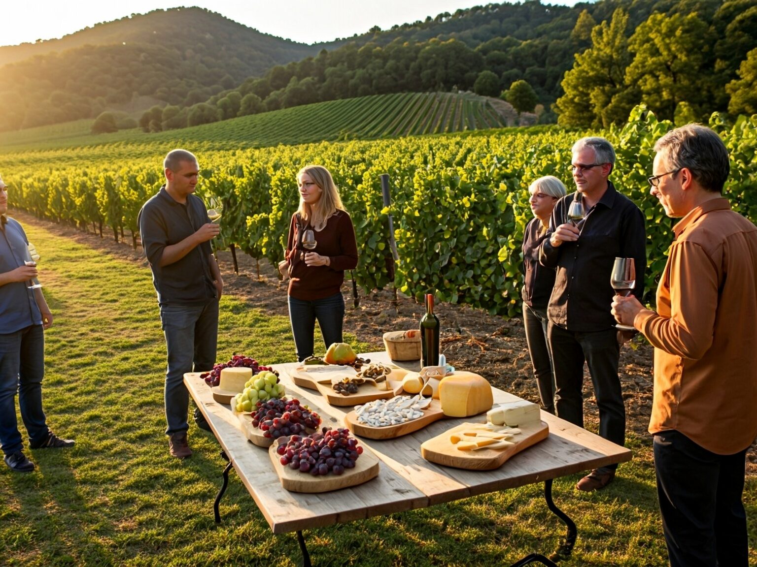 Under the golden glow of the setting sun, a diverse group of people aged 30 to 70 gather in the heart of a lush vineyard, engaged in a wine tasting. The air is filled with the rich scent of ripe grapes and freshly turned earth. Rustic wooden tables are adorned with a sumptuous spread of cheeses and fruits, their colors vibrant against the backdrop of rolling hills. Gentle laughter and the clink of glasses blend harmoniously with the rustle of leaves, creating an atmosphere of tranquil sophistication and sensory delight.