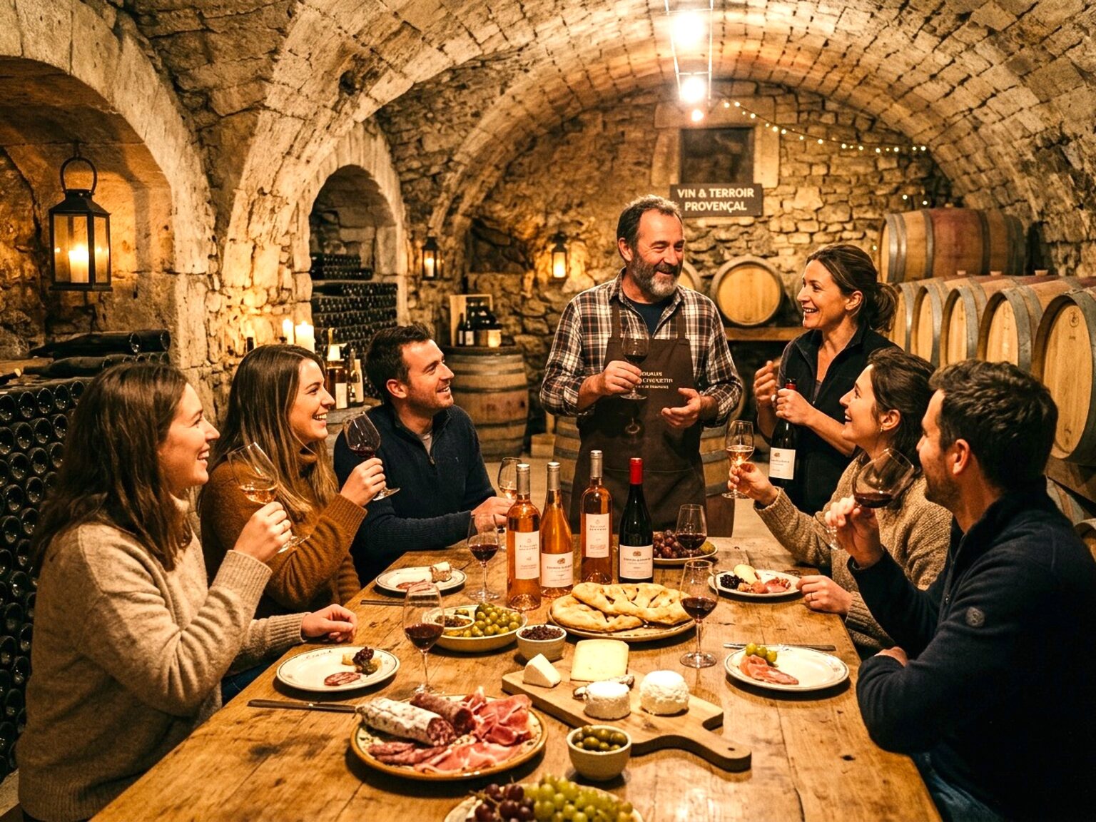 plusieurs personnes font une dégustation de vin et apéritif dînatoire avec des produits locaux dans une cave en pierres en Provence. ils rencontrent les producteurs locaux et discutent